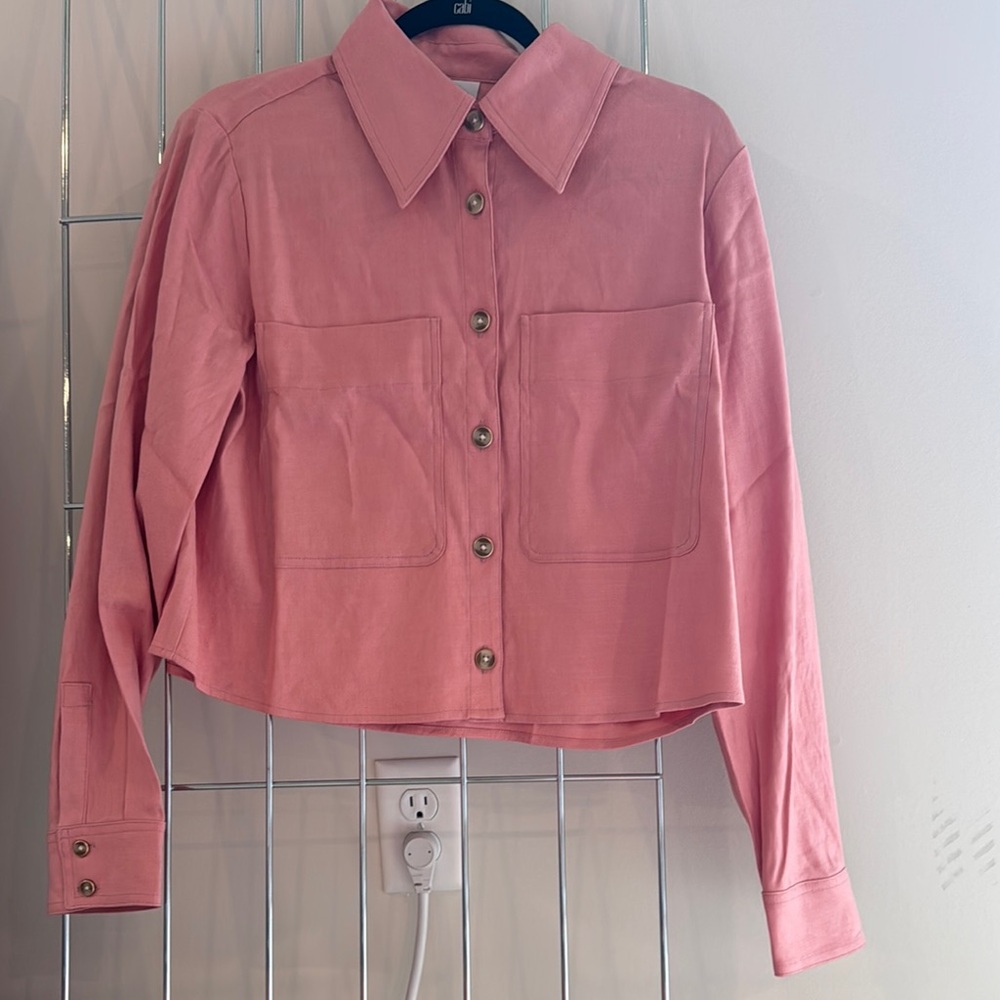 CAbi Cruise Shacket Pink Cropped Long Sleeve Button Down